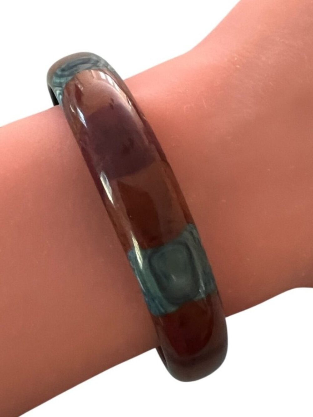 Vintage Retro Stackable Bangle, Brown, Maroon & Blue Plastic Resin Bracelet, 0.5